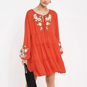 NEW Free People Spell on You Floral Embroidered Red Orange Mini Dress Women’s XS